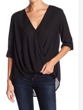 Lush Black Wrap V-Neck Long-Sleeve Blouse